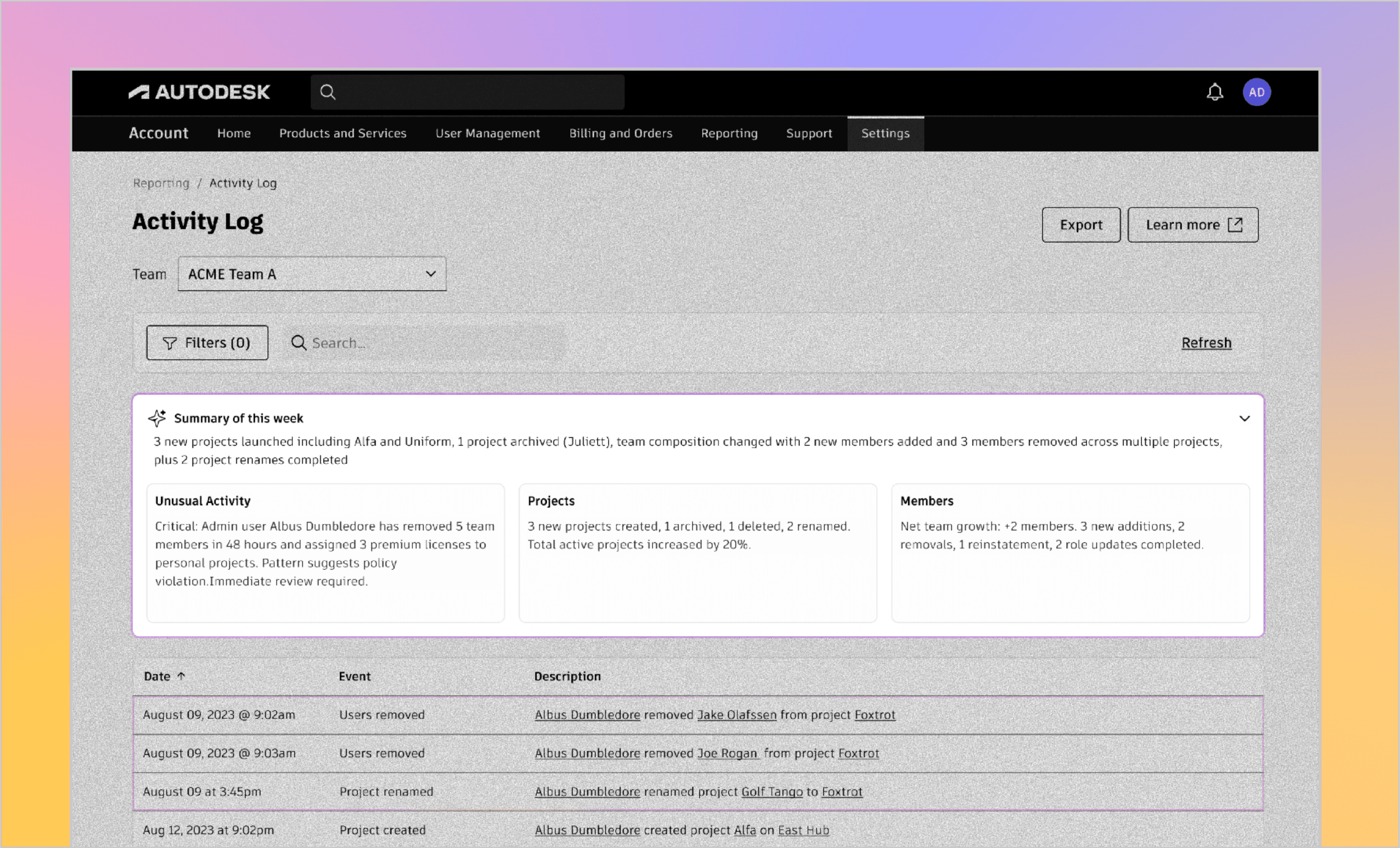 Autodesk Activity Log with a structured weekly summary and highlighted activity rows