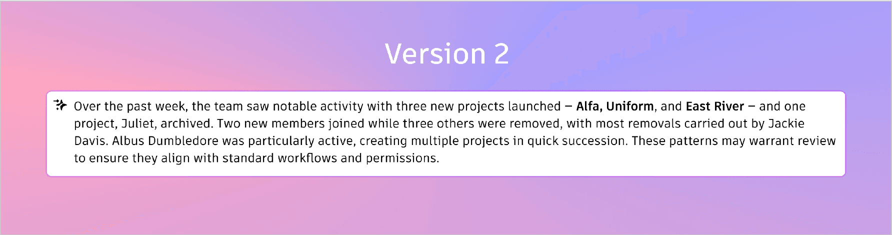 Version 2 prototype showing a dense AI-generated activity summary