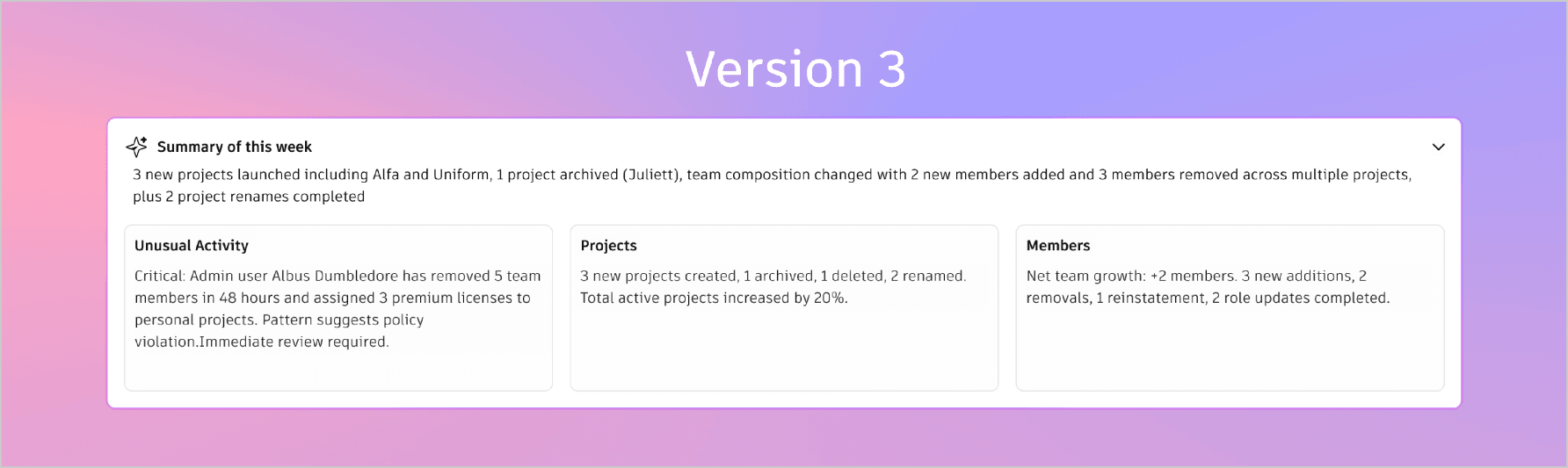 Version 3 prototype showing AI output broken into structured insight cards
