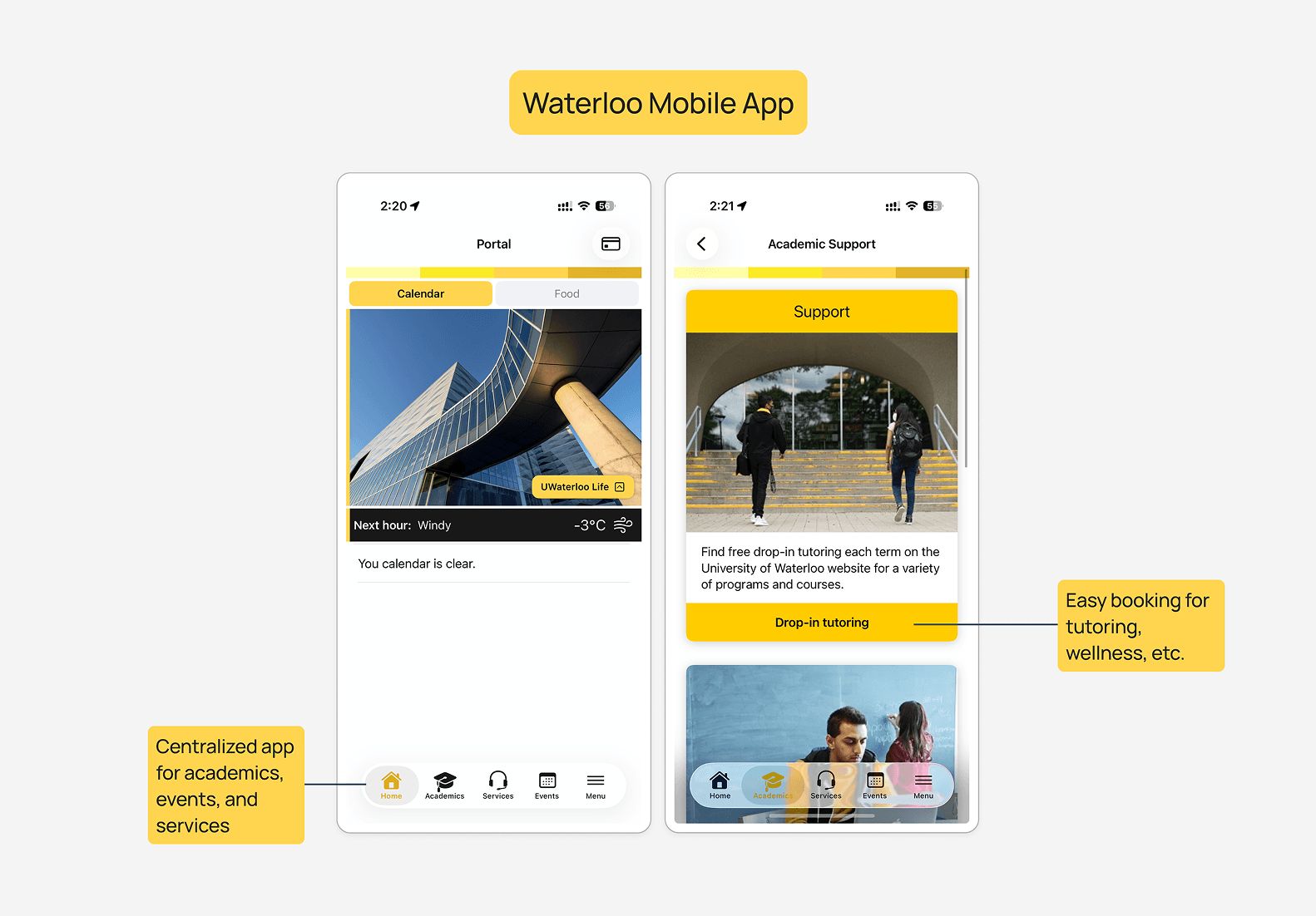 Comparator scan of the Waterloo mobile app showing academics, events, and services.
