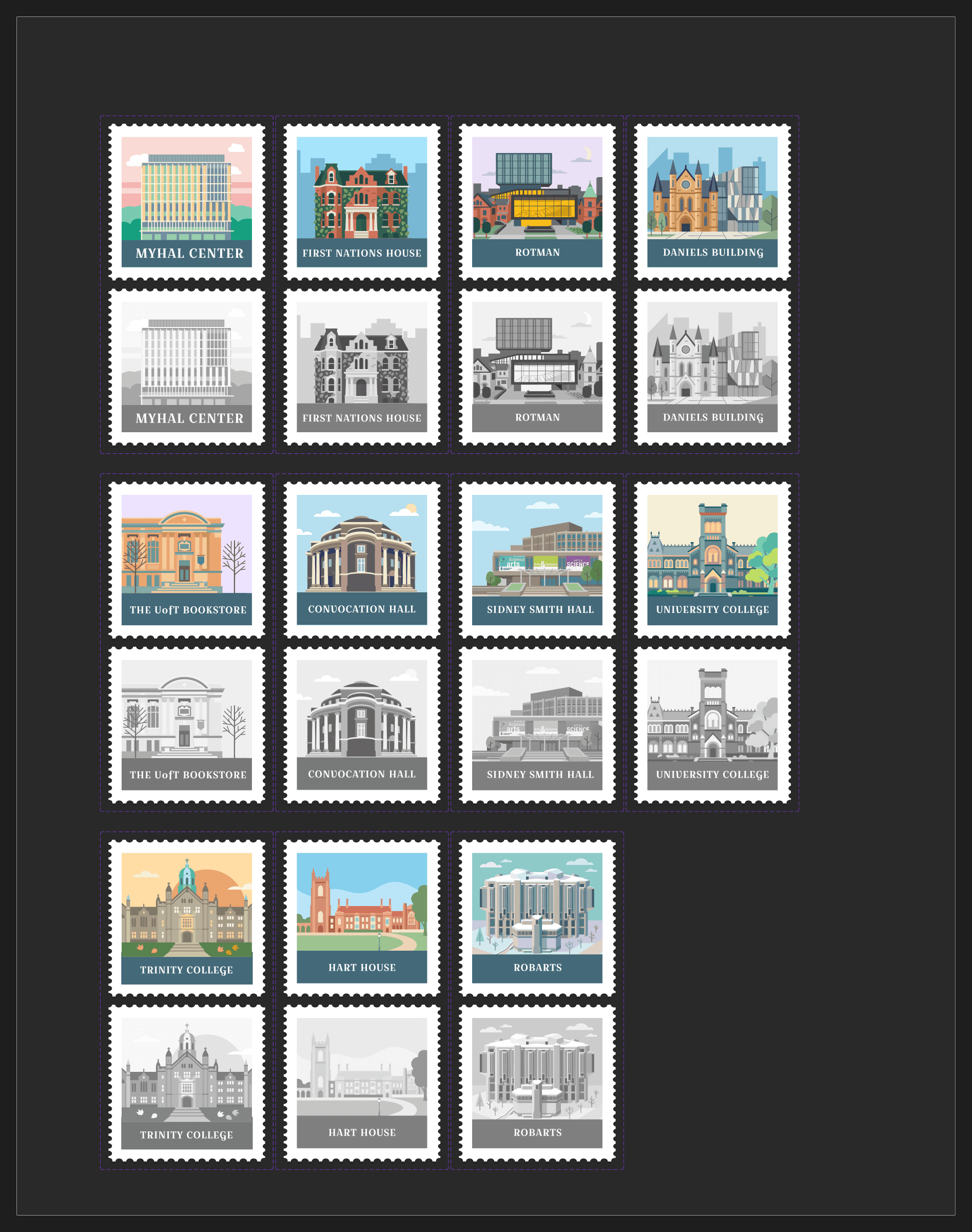 UofT Footprint stamp system showing landmark stamps and locked states.