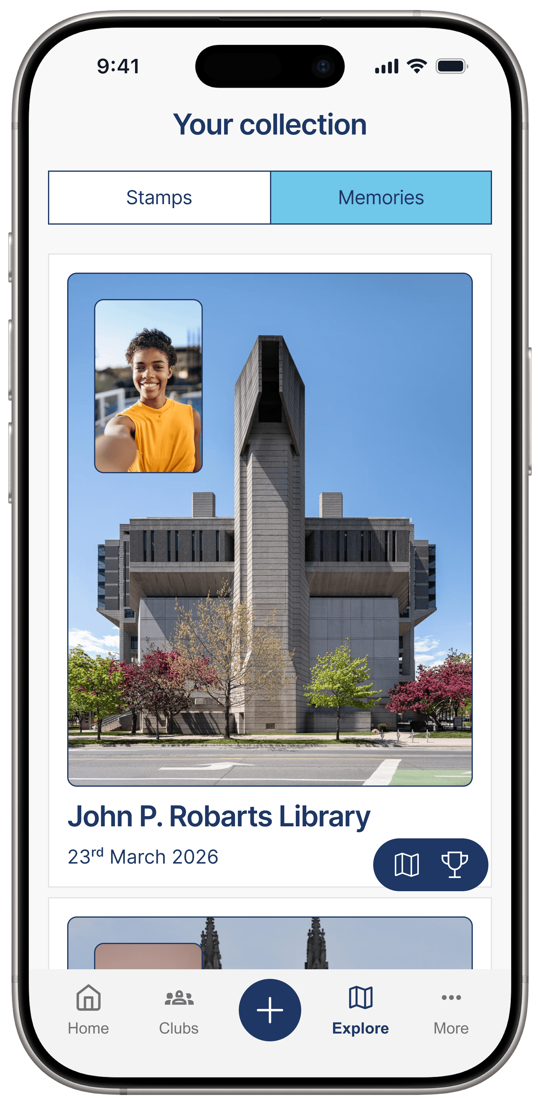 Memory collection screen showing saved photos from campus landmarks.