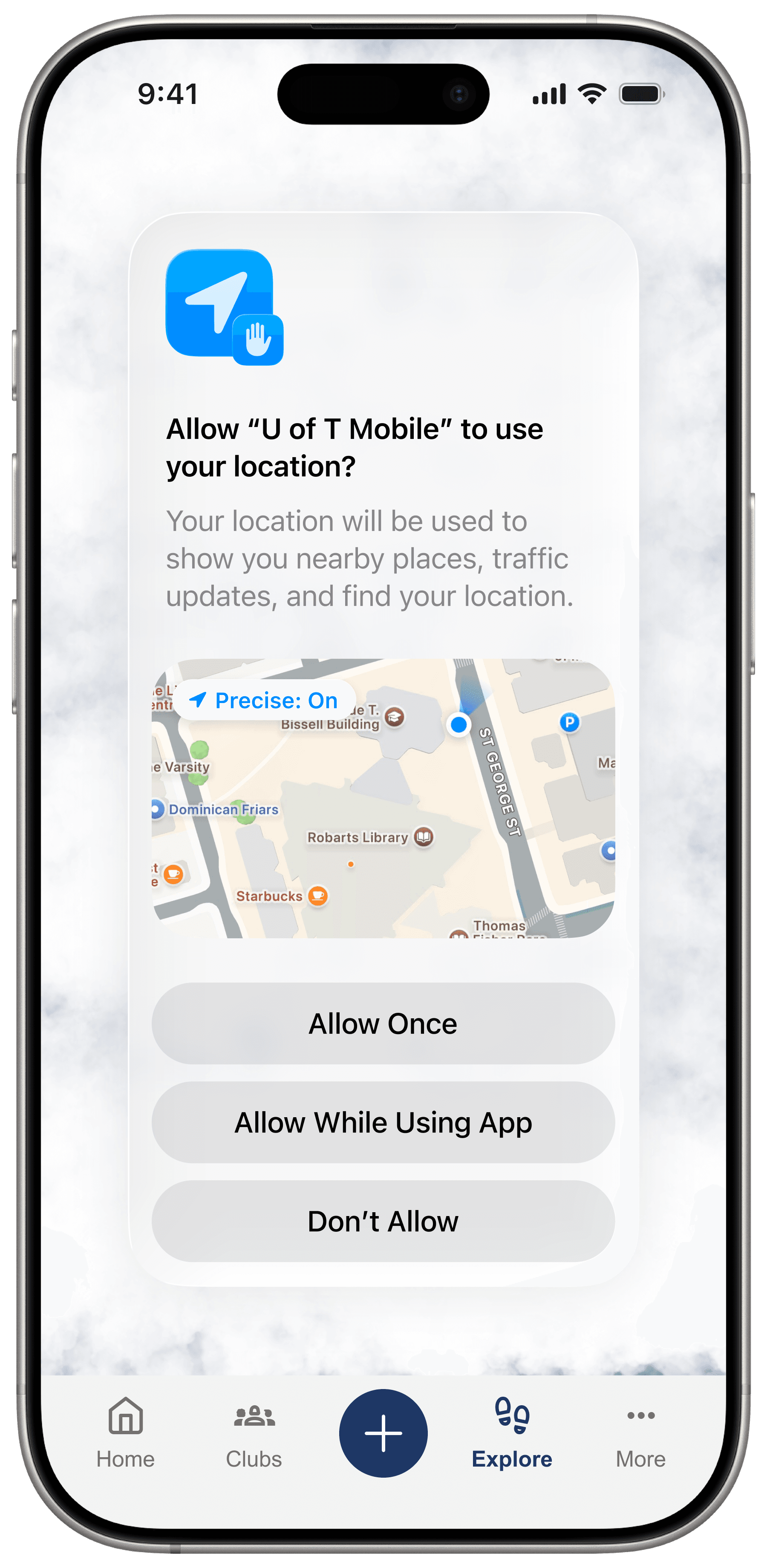 Location permission screen for the U of T Mobile App.