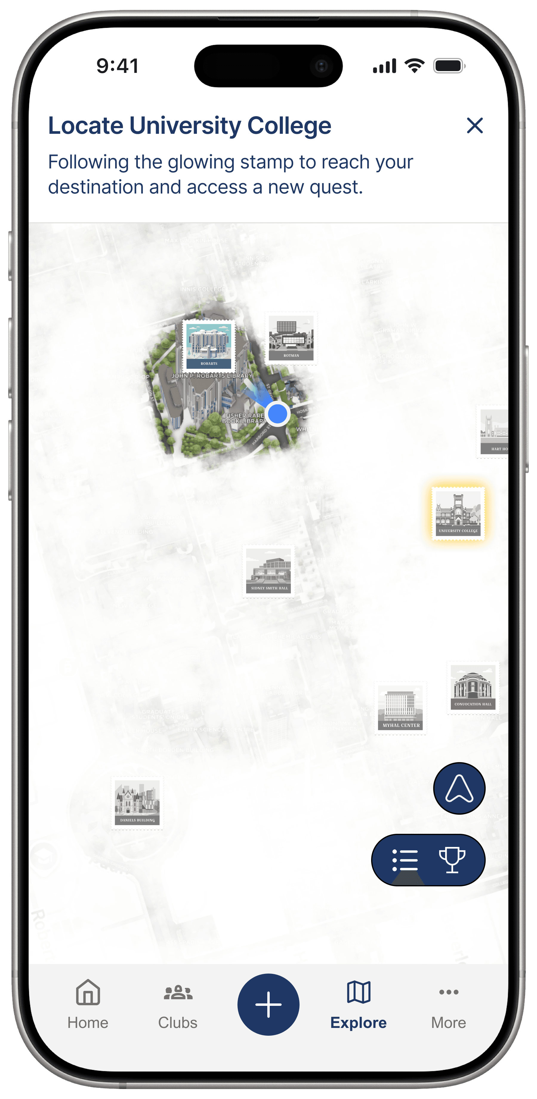Map screen prompting the student to locate University College and access a new quest.