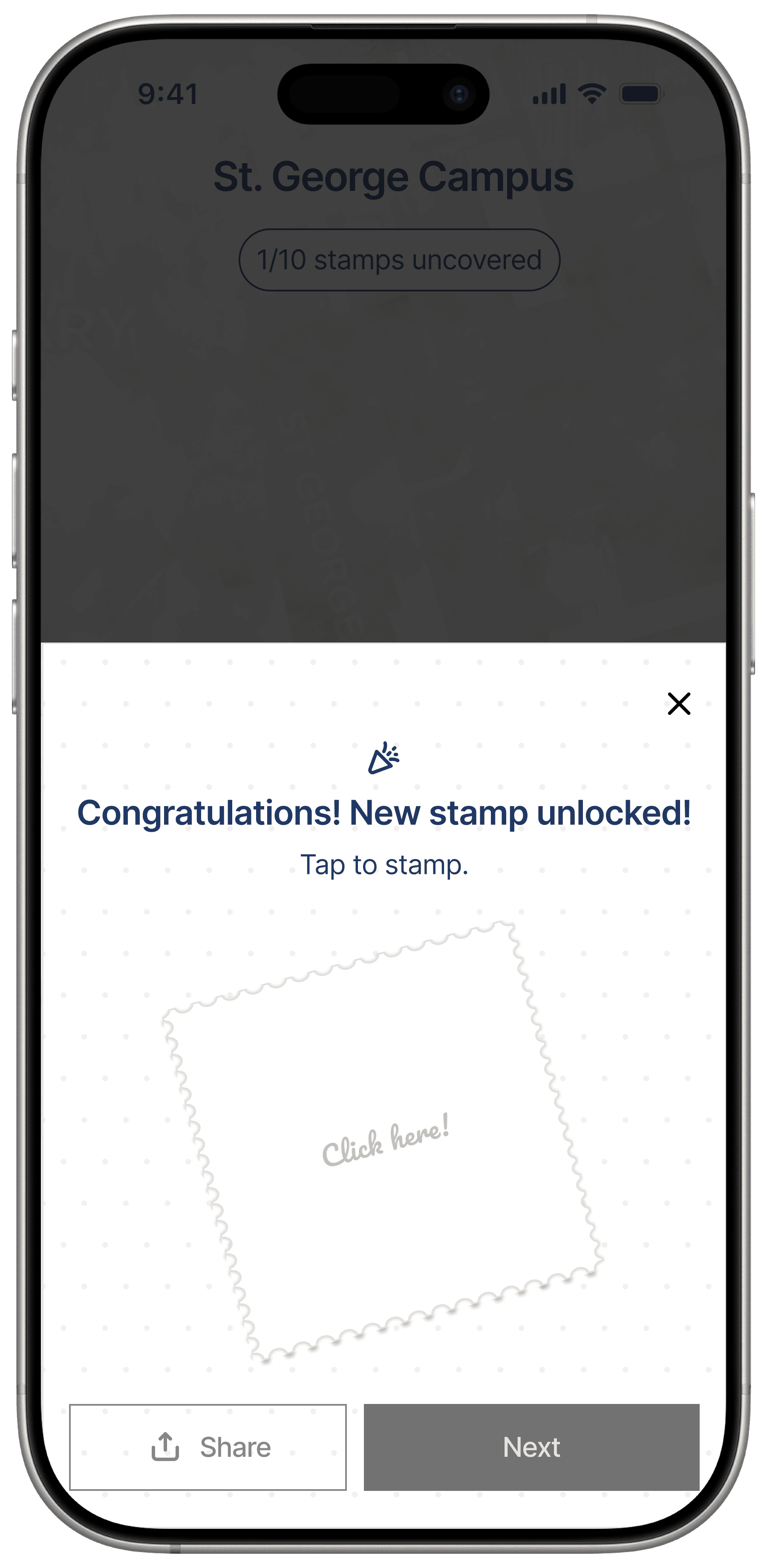 New stamp unlocked prompt asking the student to tap to stamp.