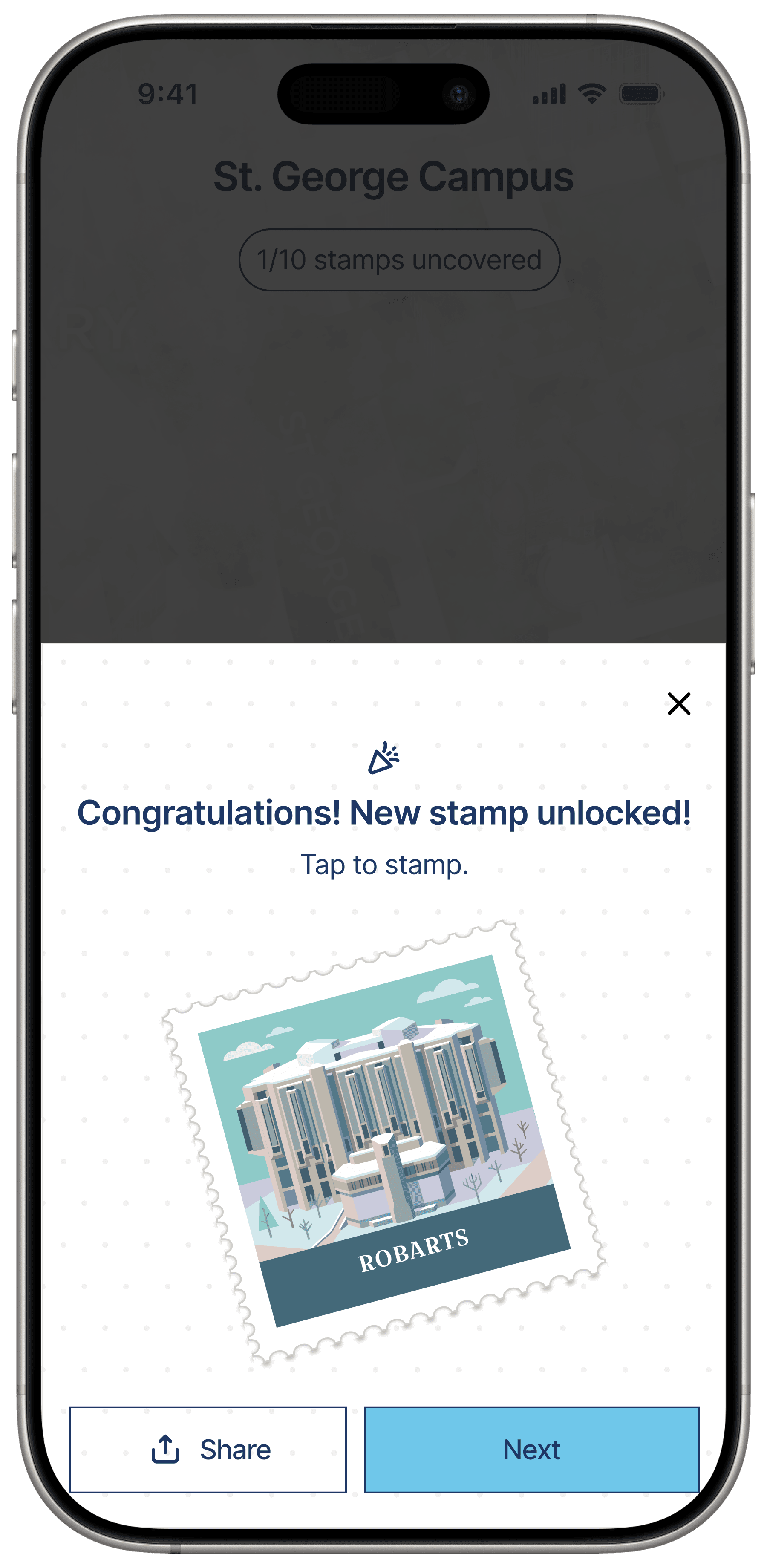 New stamp unlocked screen showing the Robarts stamp after stamping.