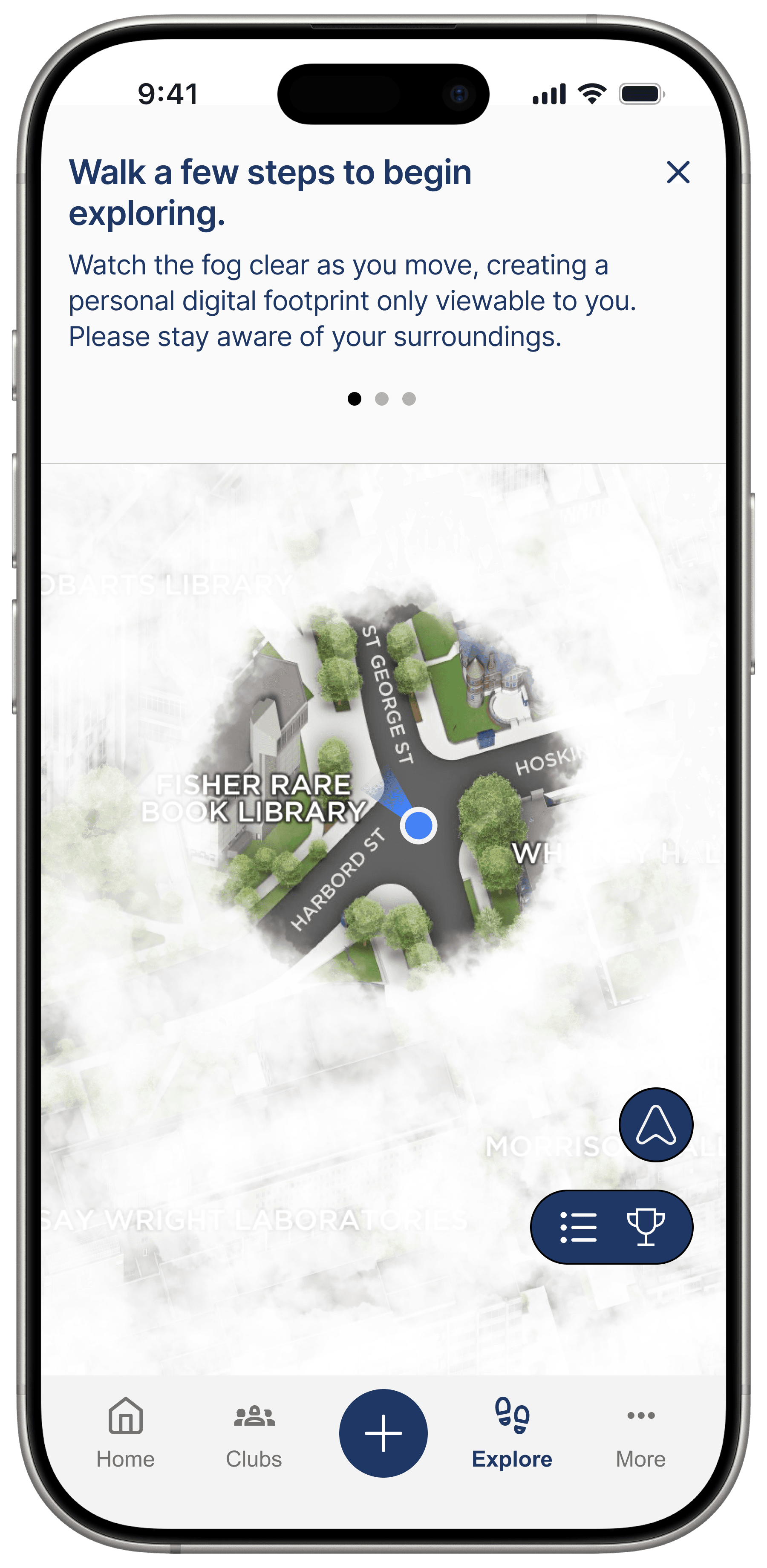 Welcome to U of T Footprint tutorial screen explaining fog-covered campus exploration.