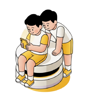 Illustration of two students using a phone together.