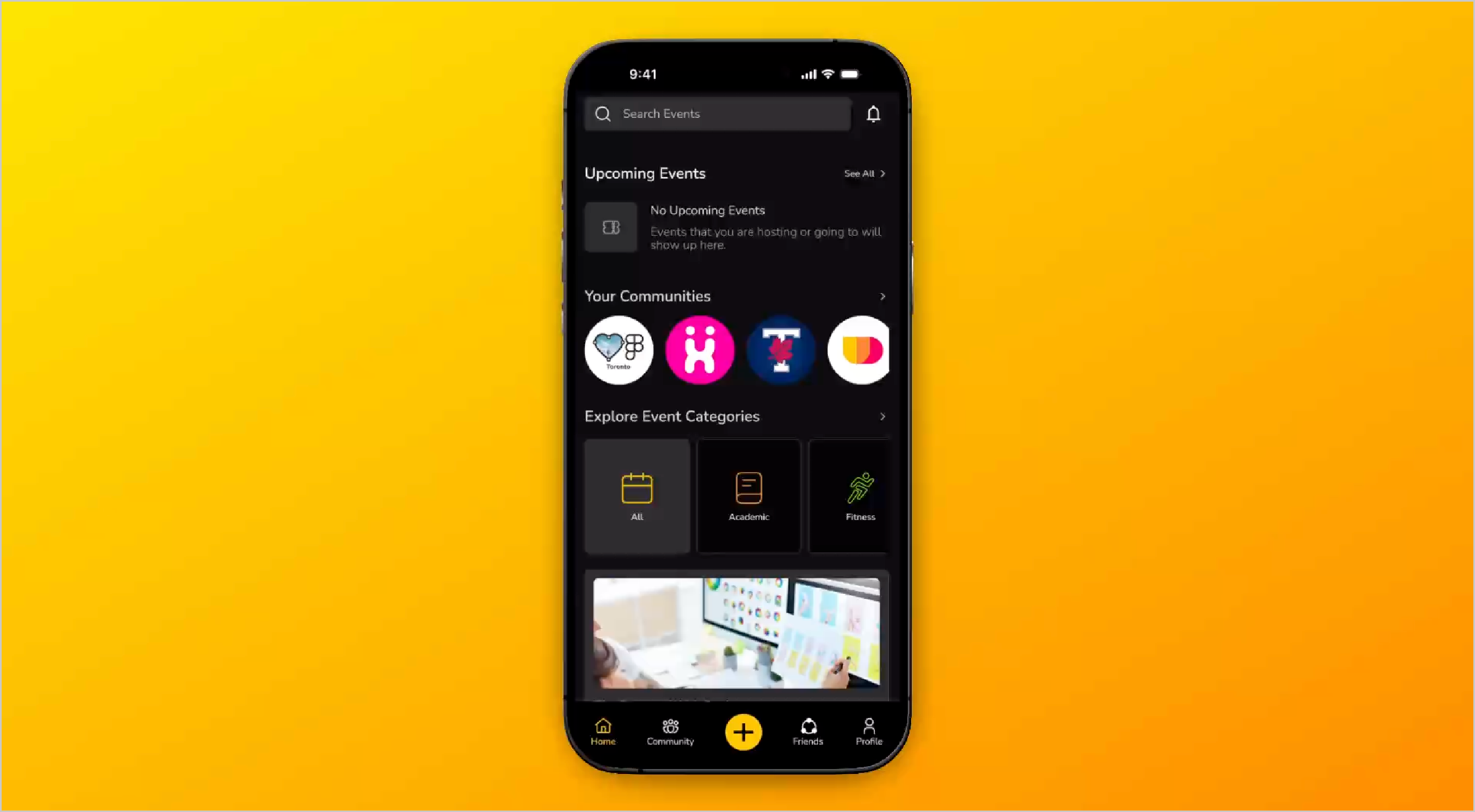 UniConnect mobile home screen on a yellow background.