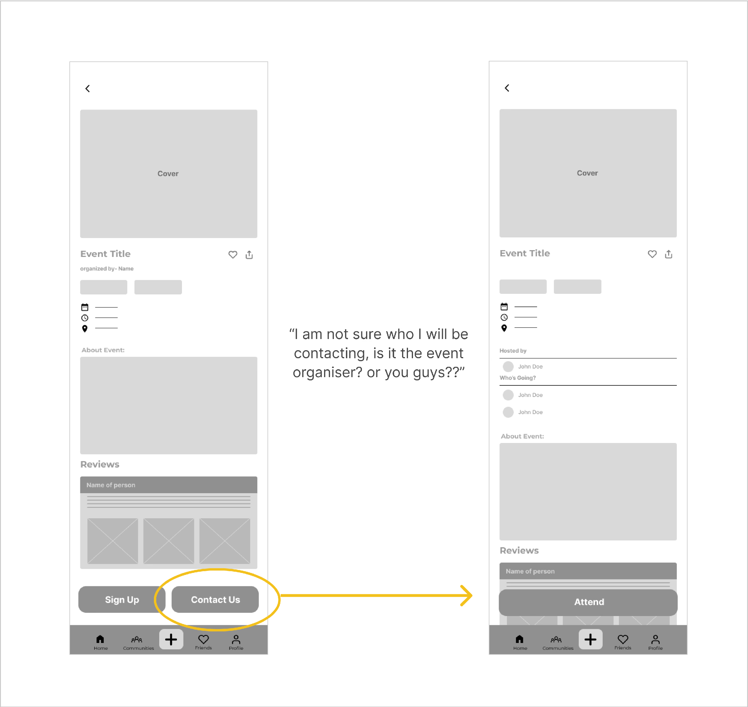 User feedback refinement replacing contact and sign up buttons with an attend action.