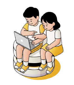 Illustration of two students using a laptop together.