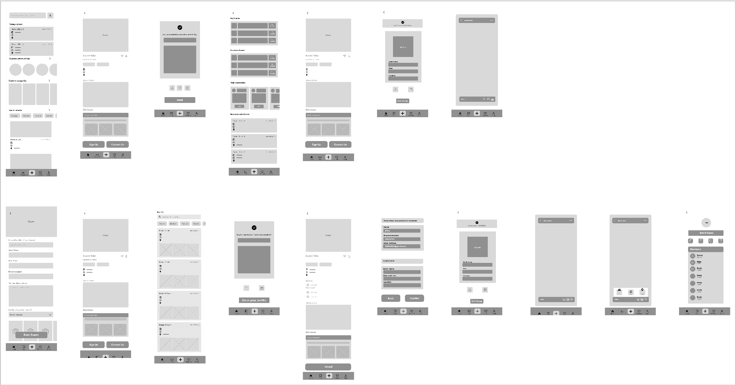 Low-fidelity UniConnect mobile wireframes arranged on a black canvas.